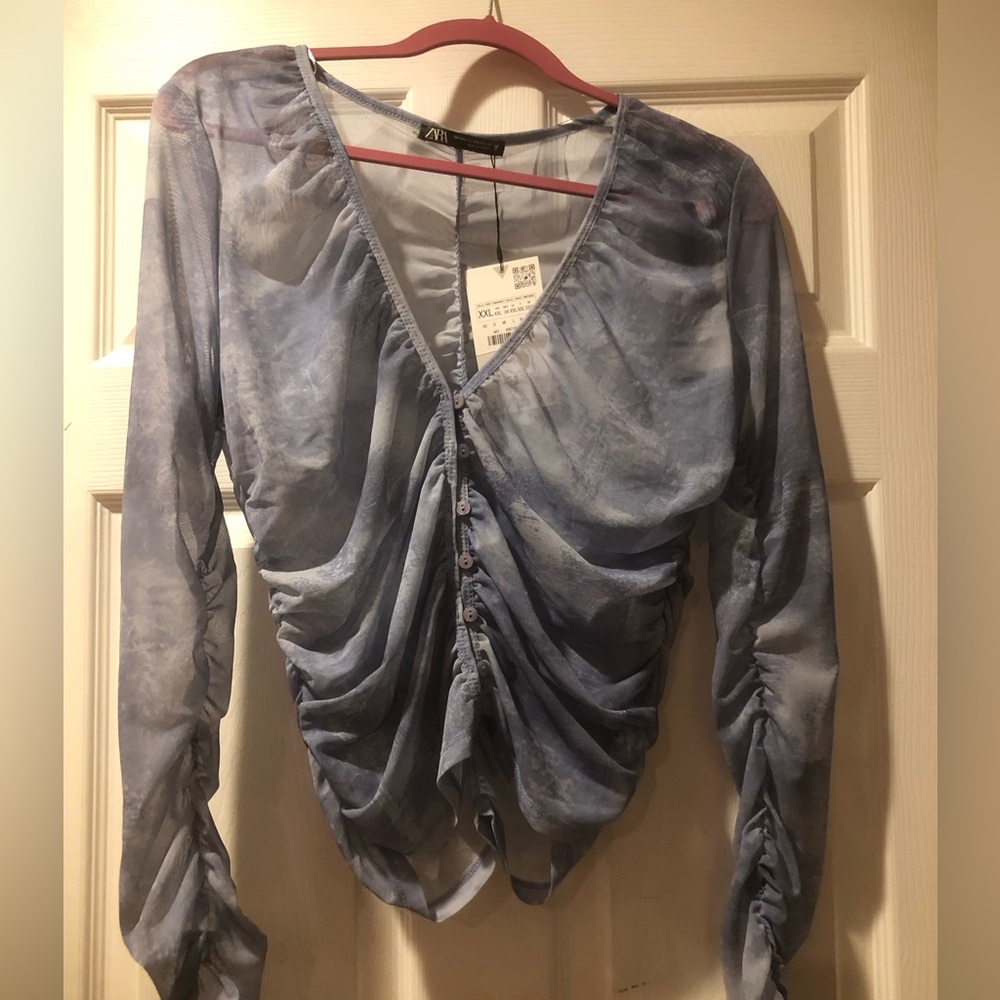 New Zara Marble Blue Ruched Blouse